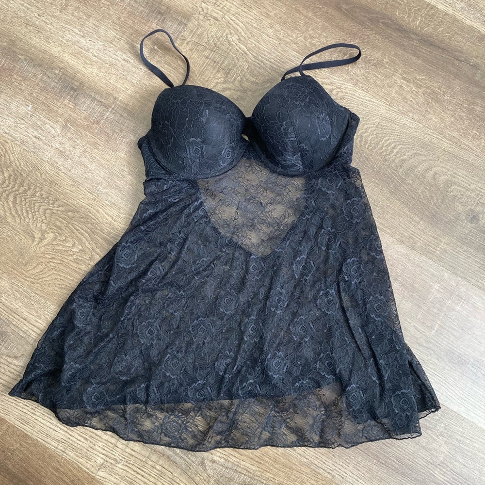 Jezebel Black Push Up Lingerie Lace Babydoll Dress Size Medium